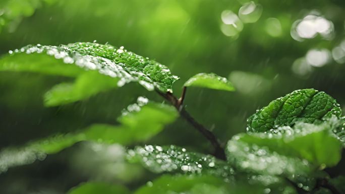 雨水雨滴落在绿色的树叶上