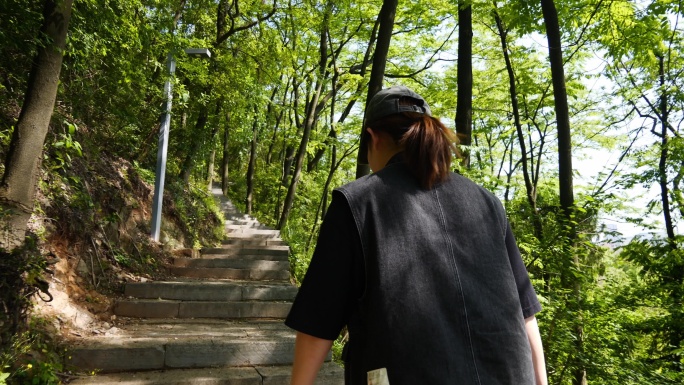 女性背影登山台阶步道