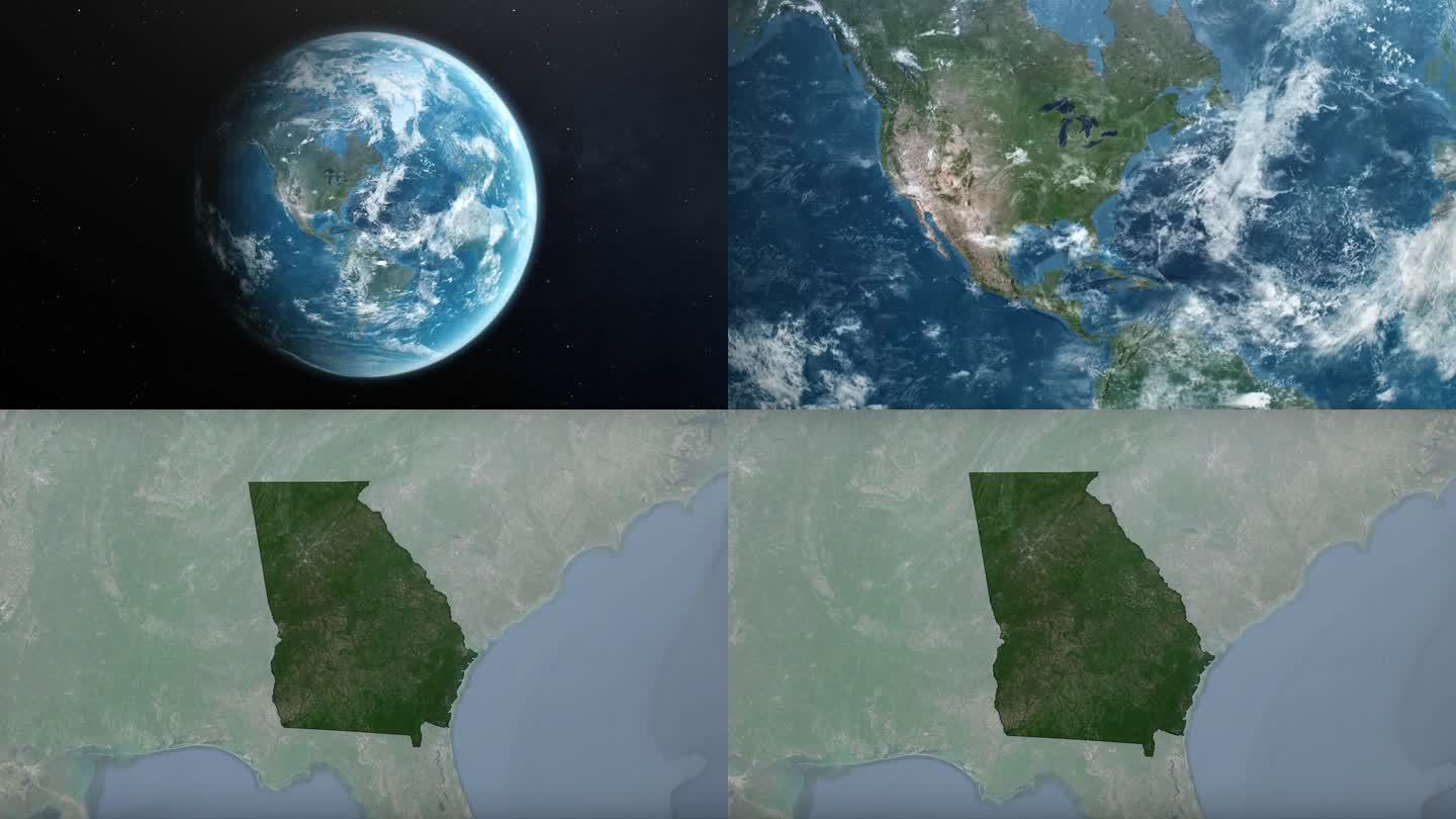 从地球上放大到美国乔治亚州。美利坚合众国的卫星图像。电影世界地图动画从外太空到领土。美国的概念，亮点