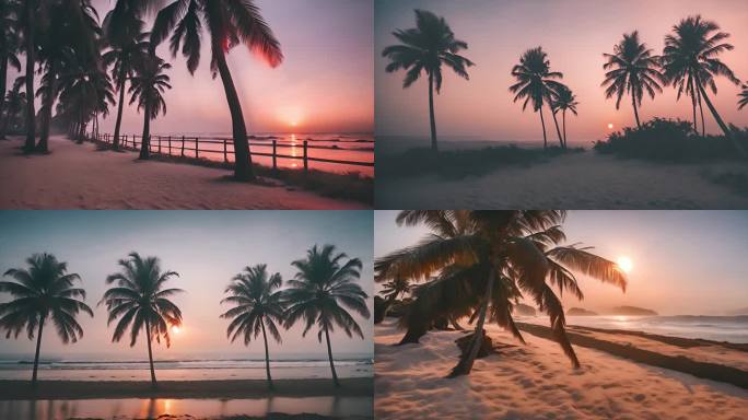 晨曦晚霞下的椰子树木