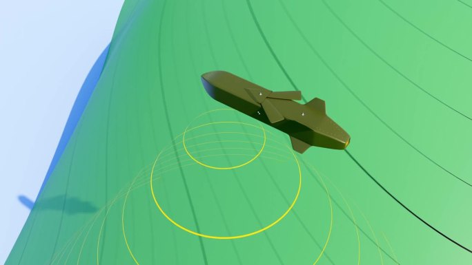 巡航导弹在风景上空飞行。3d渲染插图。雷达波扫描地形，与程序设定的目标进行比较。