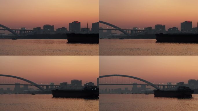 上海黄浦江早晨大型货轮卢浦大桥江面红色