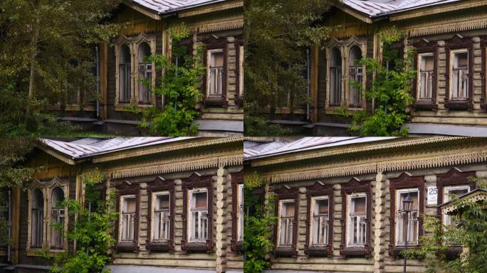 木制的房子。资料片。木制住宅，窗户旧，长满了草。高品质4k画面