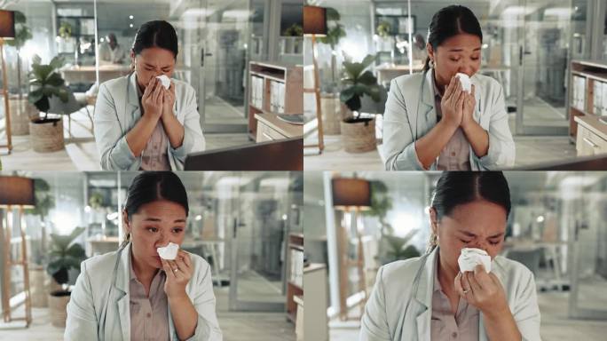 商务女性，生病了，在办公室用纸巾打喷嚏，以防过敏、感冒和病毒。亚洲员工擤鼻涕是否感染流感，过敏和细菌