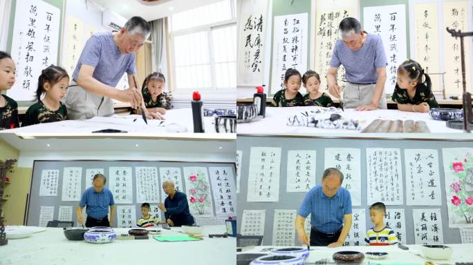 老人学习活动和孩子写毛笔字书法幸福画面