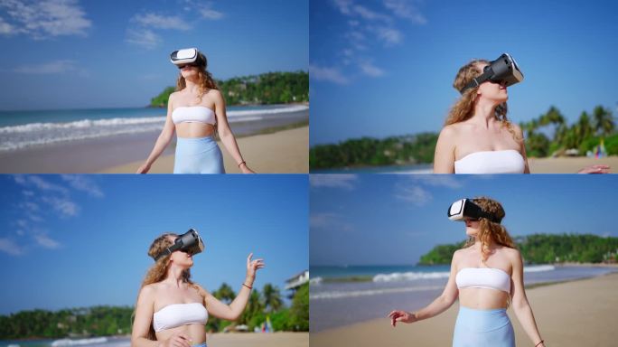 戴着VR头显的女人在阳光明媚的海滩上探索虚拟世界。互动技术融合了现实和游戏。用户在模拟环境中的手势。
