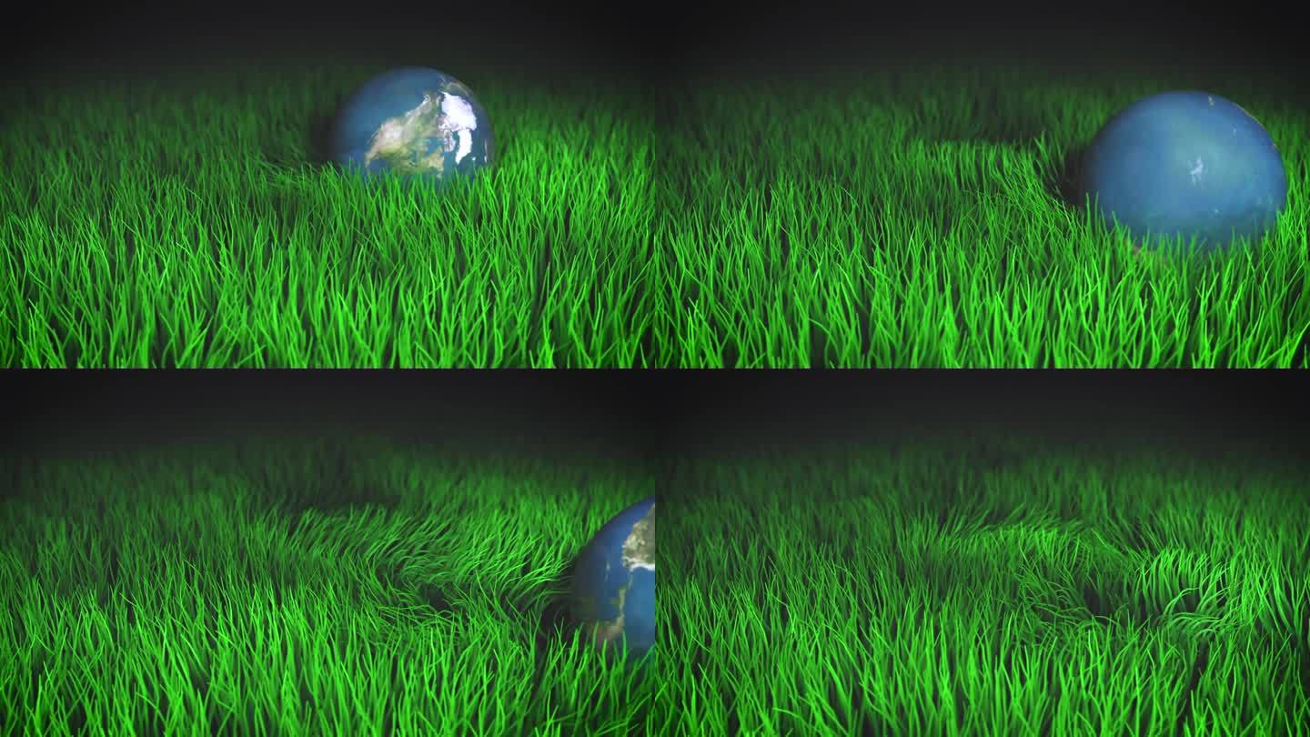 地球落入高大的绿草中，在茂密的秸秆中滚动，概念背景动画可持续性，绿色星球