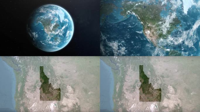 从地球放大到美国爱达荷州。美利坚合众国的卫星图像。电影世界地图动画从外太空到领土。美国的概念，亮点，