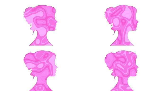 一个有头发的年轻女人的粉红色侧面的动画卡片。剪纸动画