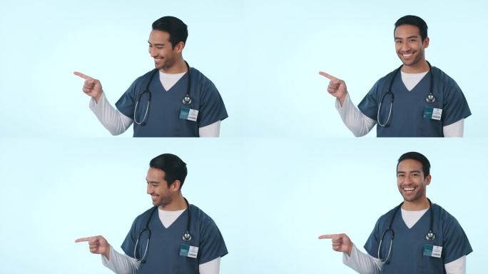 快乐的亚洲男人，医生，指着在工作室背景下的选择，决定或选择的步骤。男性肖像，医疗或保健护士显示名单，