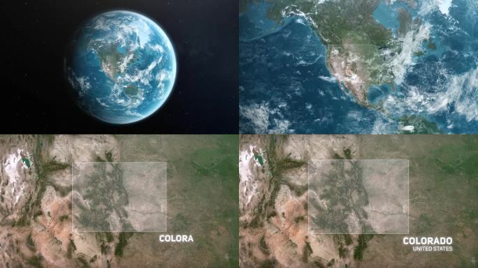 从地球上放大到美国科罗拉多州。美利坚合众国的卫星图像。电影世界地图动画从外太空到领土。美国的概念，亮