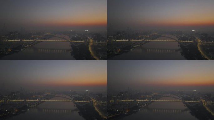 秋天冬天上海黄浦江卢浦大桥晨雾早晨雾霾