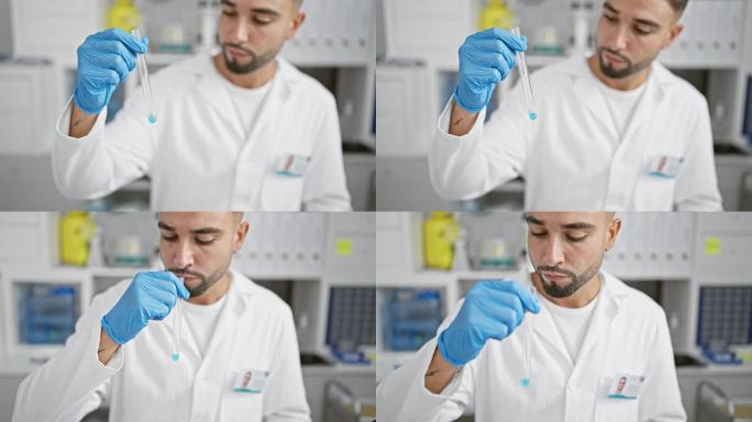 一名身穿白色实验室大褂的男子在实验室环境中检查试管，这代表了医学研究的专业性。