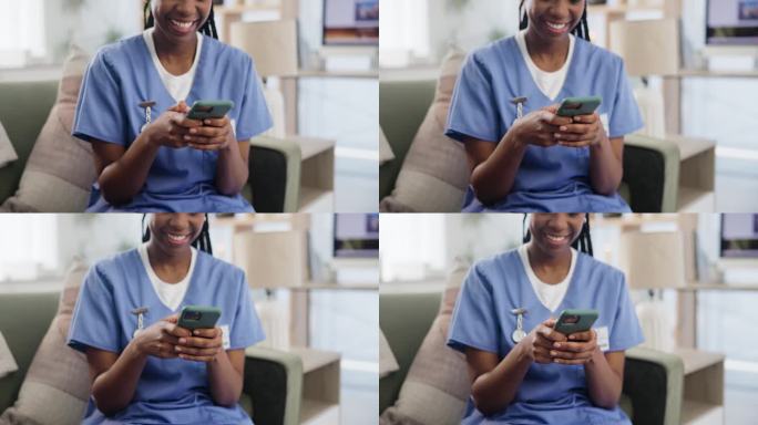 医务工作者，在养老院的沙发上上网和智能手机，连接和浏览或在社交媒体上发布。快乐护士，手机或打字为医疗