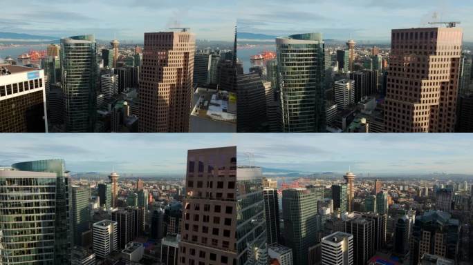 加拿大不列颠哥伦比亚省温哥华中央商务区的高层建筑。无人机航拍