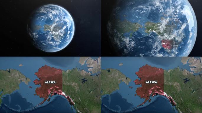 从地球上放大到美国阿拉斯加。美利坚合众国的卫星图像。电影世界地图动画从外太空到领土。美国的概念，亮点