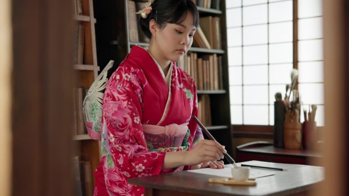 日本女子，笔和书法写诗，创意或艺术与绘画在家里。女孩，人或作家与墨水，思考和想法与视觉，纸和俳句的文