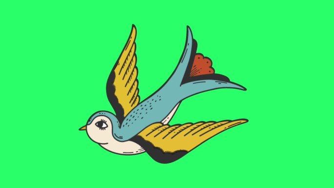 动画蜂鸟纹身在绿色屏幕上。