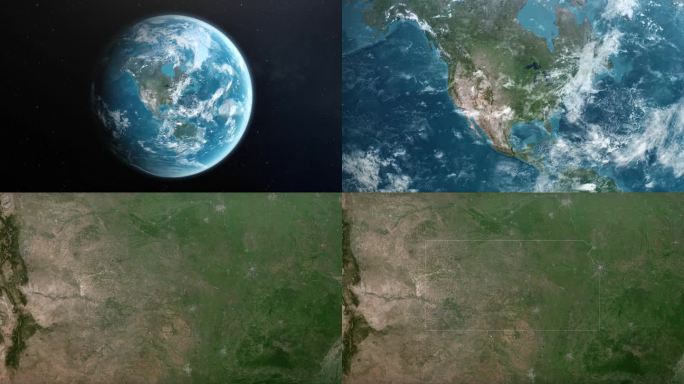 从地球上放大到美国堪萨斯州。美利坚合众国的卫星图像。电影世界地图动画从外太空到领土。美国的概念，亮点