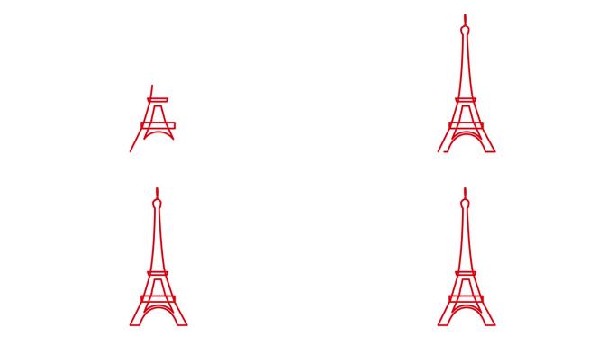 绘制出红色的埃菲尔铁塔动画。法国的线形符号。毛圈的视频。巴黎的概念，旅行，旅行，建设，旅程。线矢量插