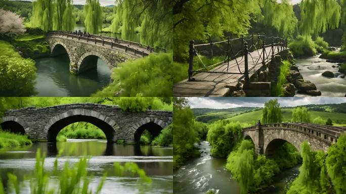 古桥踏青 古桥流水，柳树婆娑