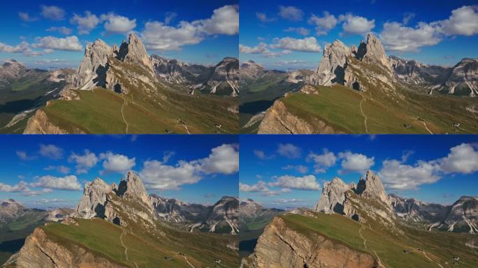 云天的实时镜头，蓝色的天空在塞塞达山顶，最著名的白云石阿尔卑斯山之一，意大利，欧洲，