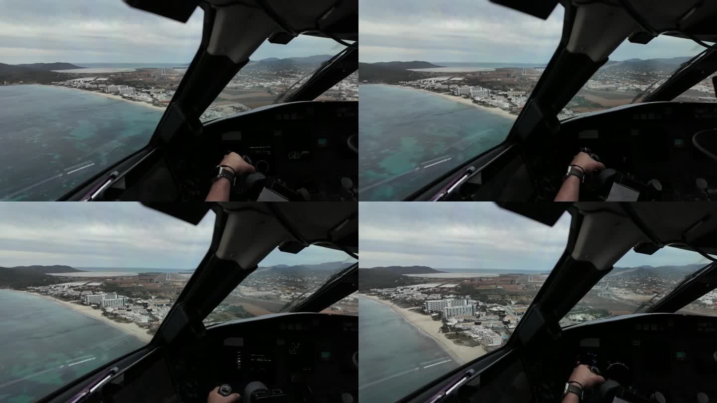 飞行员FPV - POV抵达西班牙伊比沙岛机场，飞越海岸线。沉浸式船长视角。4 k。天空多云，有中度