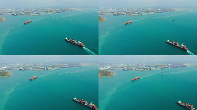 鸟瞰图集装箱货船全承运人集装箱运输海运业务的物流，进出口或货物运输。