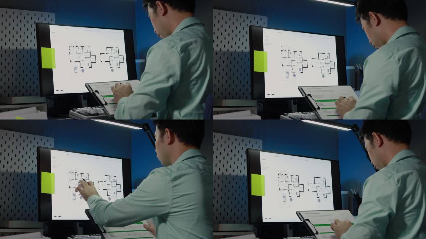 住宅建筑师在与客户会面订购房屋之前，会在电脑上查看房屋平面图，以检查结构和准确性。电脑家居设计。