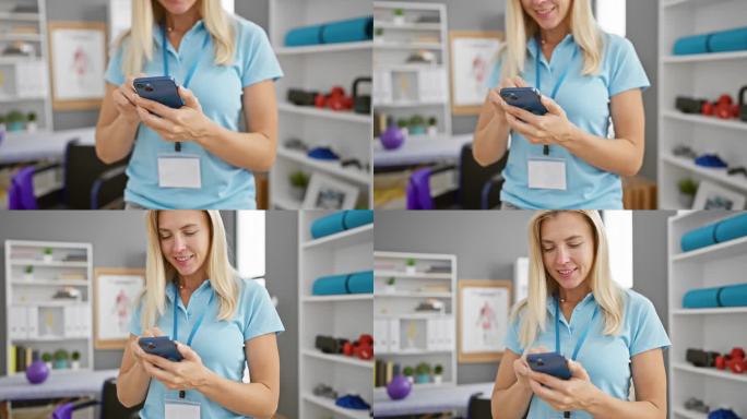 穿蓝色手术服的金发女人在康复诊所用智能手机。
