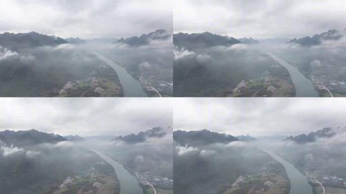 航拍云雾缭绕的广东清远连江山水田园风光