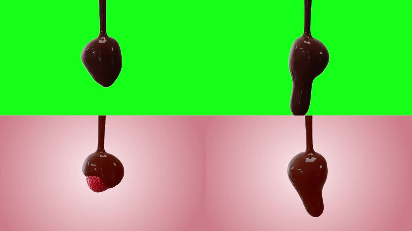 草莓上的巧克力流，3D动画，绿屏