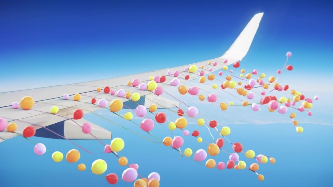 气球用绳子系在飞行中的飞机机翼上的气球