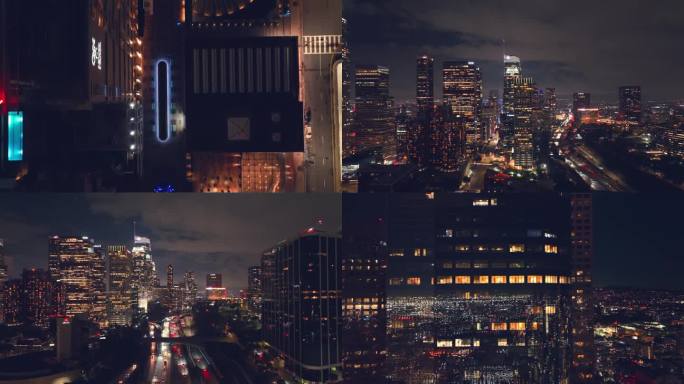 洛杉矶市中心地标摩天大楼夜景灯光汽车街道