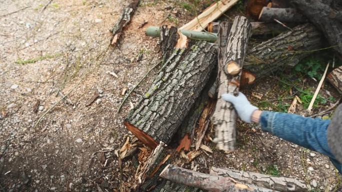 俯视图，一个男人在森林里收集干木柴，用来生火或给房子取暖