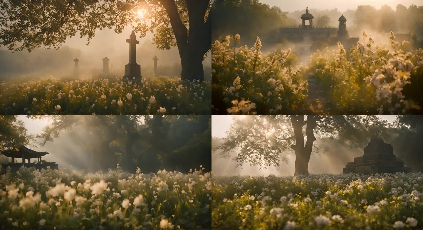 清晨祭奠 迷雾之晨：清明节晨光中的哀思