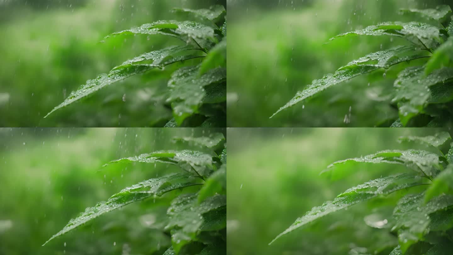 雨水雨滴落在绿色的树叶上