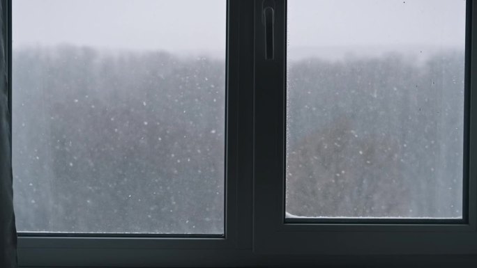 窗外的冬日景色，背景是外面飘落的雪花