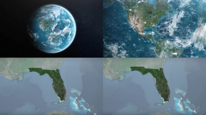 从地球上放大到美国佛罗里达州。美利坚合众国的卫星图像。电影世界地图动画从外太空到领土。美国的概念，亮