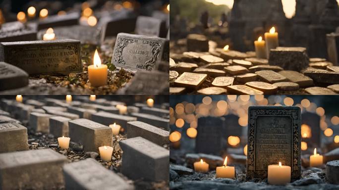 墓碑思念 哀伤：清明节下的墓碑与火烛祭奠