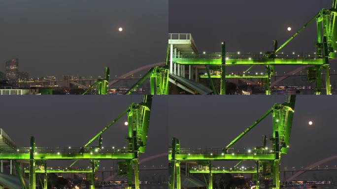 航拍上海黄浦江夜景月亮星美术馆龙门吊