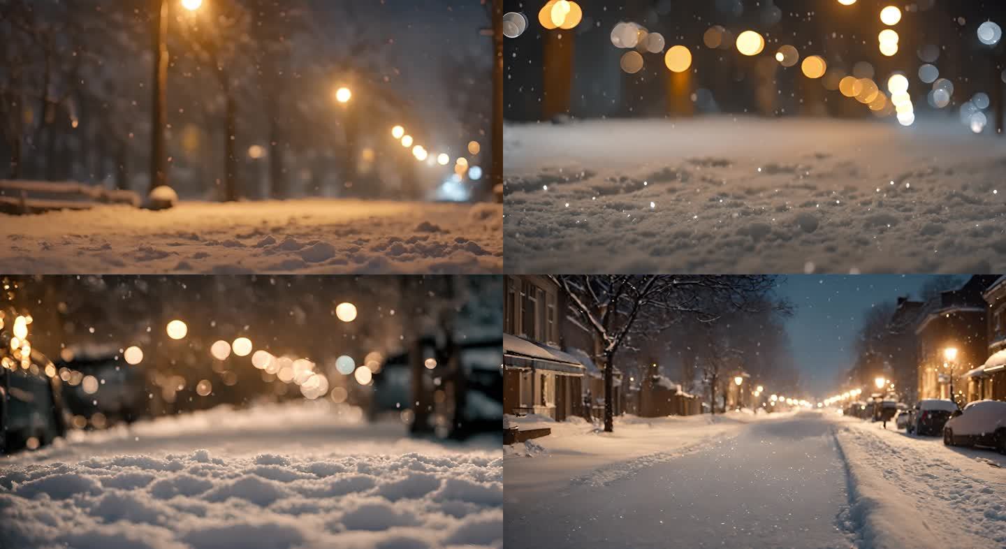 街灯下的雪夜 夜晚雪花飘落