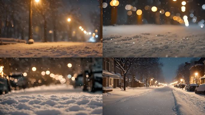 街灯下的雪夜 夜晚雪花飘落