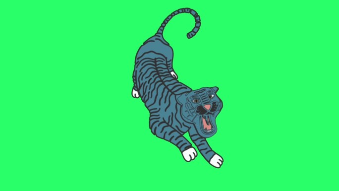 动画蓝虎纹身在绿色屏幕上。