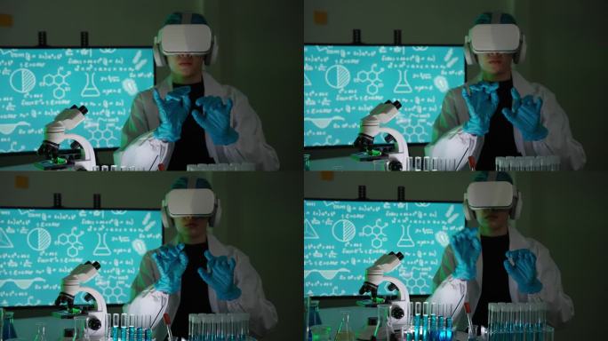 医学科学家看着屏幕与VR耳机互动。