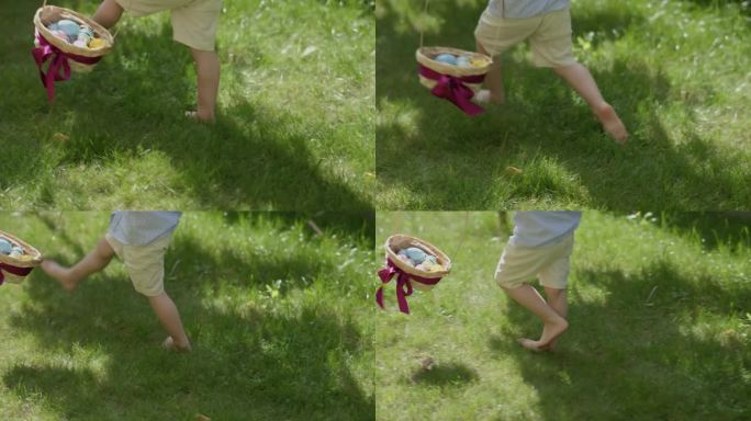 孩子光着脚踩着绿色的草地，篮子里装着五颜六色的复活节彩蛋
