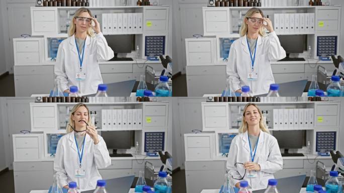 在一个现代化的实验室里，一位戴着眼镜、穿着实验服的金发女科学家拿着她的身份徽章。