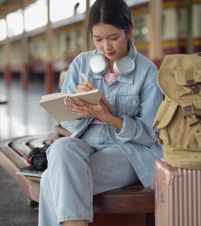 一位亚洲女性旅行者坐在座位上，一边等待火车到达火车站，一边在日记中记录她的旅程