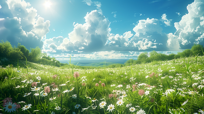 蓝天白云下满山遍野的鲜花