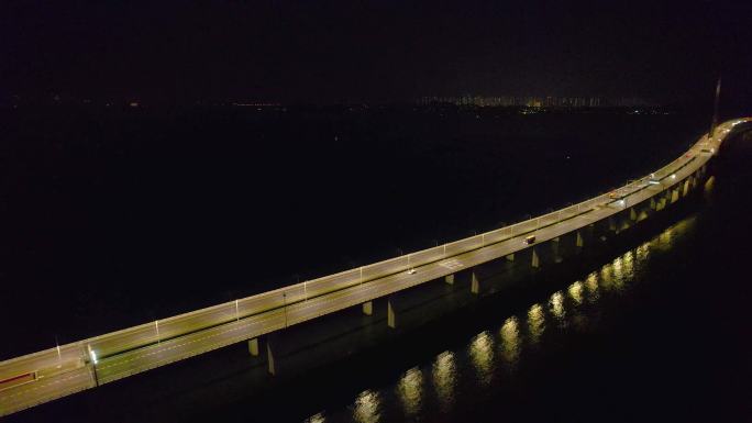 深圳湾公路大桥跨海大桥夜景晚霞航拍